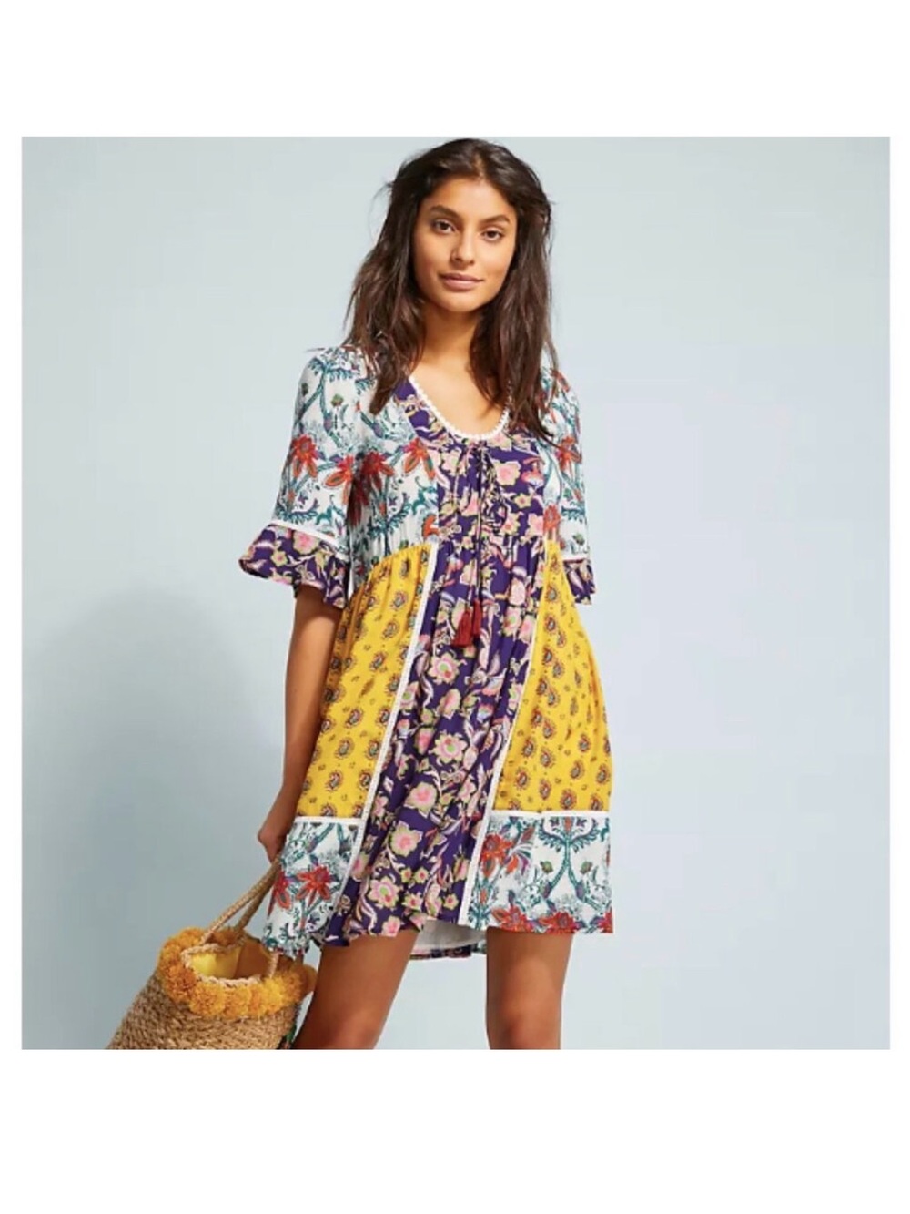 Anthropologie Lilka Patchwork Trapeze Dress Size Medium Boho Floral Rayon
